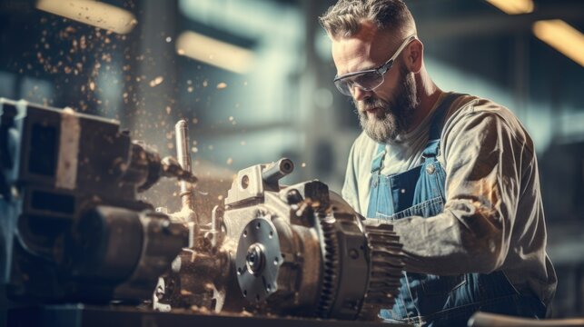 A man in overalls diligently working on a machine, focused and determined to complete the task at hand.