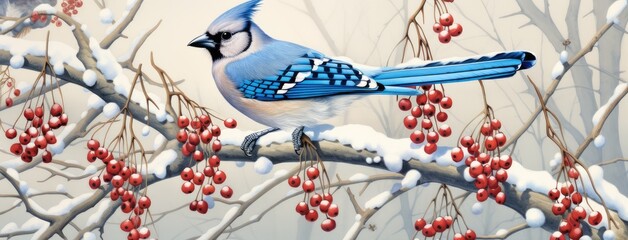 a Blue Jay perched amidst Common Winterberry branches in the winter season.