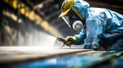 A person in protective clothing sprays medicine to clean the wood.