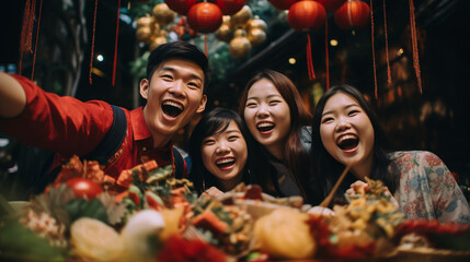 portrait of happy young asian friends celebrating chinese new year. ai generative - obrazy, fototapety, plakaty