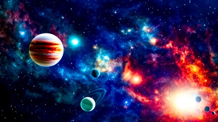 Space scene with planets and stars in the sky, and bright blue and red background.