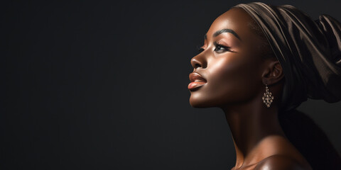 Fototapeta premium portrait of a dark-skinned woman looking away on a dark background. ai generative