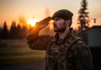 Young American male soldier in military uniform saluting at Memorial Day. Army special forces fighter, saluting, Marines rifleman showing respect, greeting officer with salute gesture