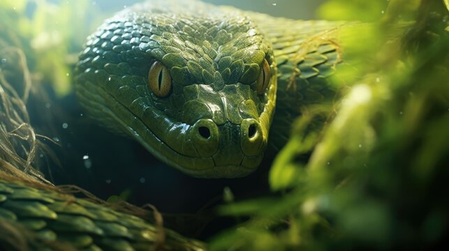 A hidden green snake camouflaged in the grass.