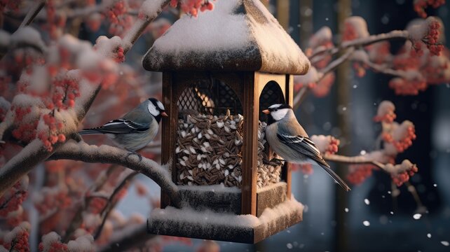 sparrows, tits, and bullfinches gathered in a feeder on a tree in a winter garden, the diversity of bird species in a winter scene.