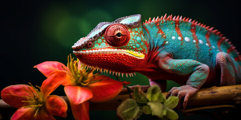 Obraz premium Chameleon on the flower. Beautiful extreme close-up created with Generative Ai