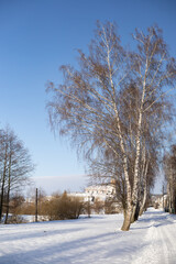 Snow-covered streets and fields on a sunny, frosty day