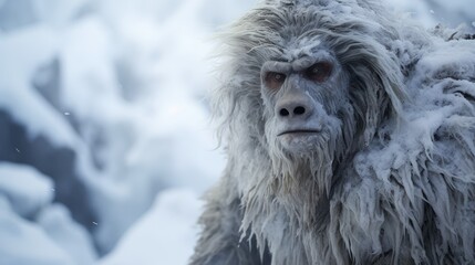 A Yeti standing in snow, looking large and furry, with its arms by its side.