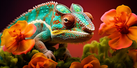 Fototapeta premium Chameleon on the flower. Beautiful extreme close-up created with Generative Ai