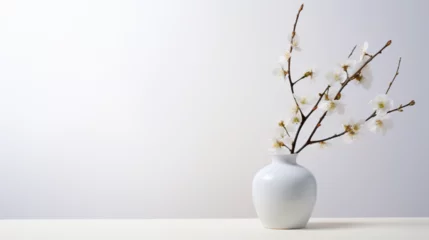 Fotobehang Fond blanc pour mock-up, conception et création graphique. Décoration vase, fleurs. Arrière-plan épuré, vide. © FlyStun