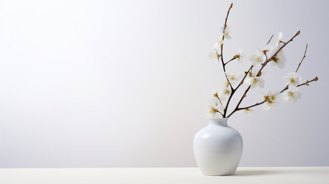 Fond blanc pour mock-up, conception et création graphique. Décoration vase, fleurs. Arrière-plan épuré, vide.