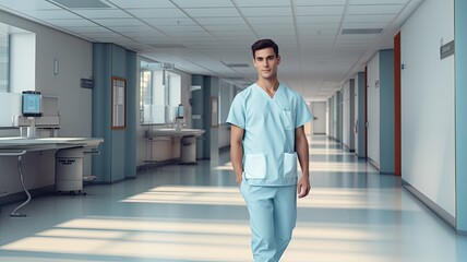 a 25-year-old hospital nurse dressed in hospital pants and a white t-shirt, captured in a minimalist, modern composition that reflects professionalism and contemporary style.