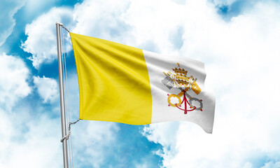 Vatican City Holy See flag waving on sky background. 3D Rendering