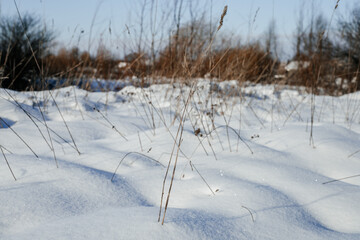 Snow-covered streets and fields on a sunny, frosty day
