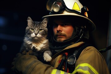 A fireman saves a cat.