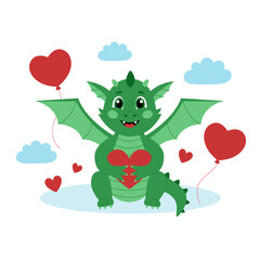 Cute green dragon with hearts and balloons. Cartoon character for Valentine's Day. Vector illustration for greeting card, poster or banner