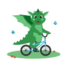 Cute green dragon rides a bicycle. Cartoon character riding a bike. Summer activity. Vector illustration for children