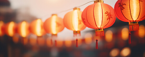 yellow and red lantern , Chinese lanterns, blurred bokeh. ai generative
