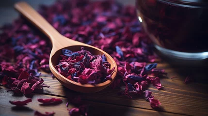 Foto op Plexiglas Wooden spoon with dry hibiscus tea close-up. Medical colored organic drink natural. ai generative © Oleksandr