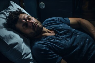 Fototapeta premium A man sleeping in bed at night.