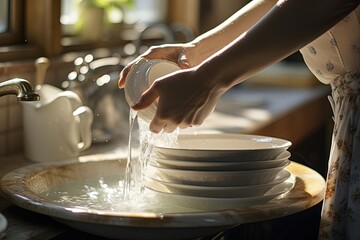 A woman hands washing dishes. - obrazy, fototapety, plakaty