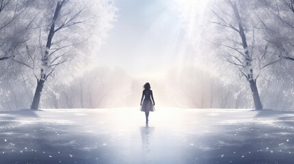 a young girl gracefully ice skating in winter, set against the serene backdrop of white snow and a forest, presented in a minimalist modern composition. - obrazy, fototapety, plakaty