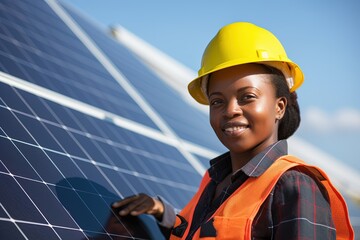 African American female technician checks the maintenance of the solar panels. 