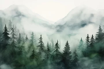 Schilderijen op glas Watercolor misty spruces in forest and mountain.  © Bargais