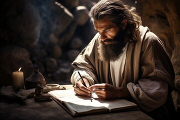 Apostle writing book or letter inspired by the Holy Spirit. - obrazy, fototapety, plakaty
