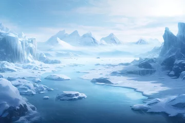 Poster Arctic winter landscape with large glaciers, frozen sea and blizzards. © Bargais