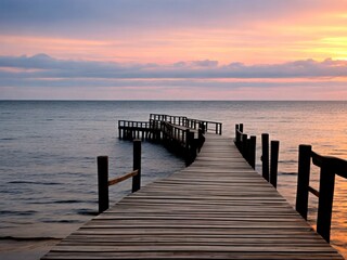 Obraz premium Wooden pier on the beach at beautiful sunset in the evening