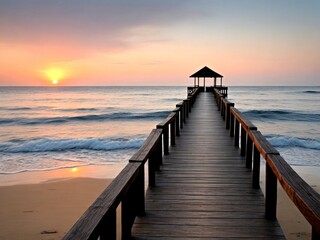 Obraz premium Wooden pier on the beach at beautiful sunset in the evening