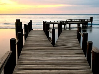 Obraz premium Wooden pier on the beach at beautiful sunset in the evening