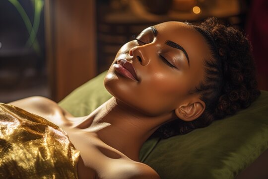 Beautiful african american woman lying on massage table in spa salon.