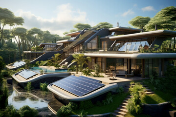 Home ecological architecture aesthetic with solar panels on its roof - obrazy, fototapety, plakaty