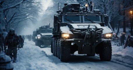Soldiers and military vehicles in the snow