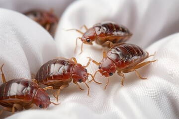 Bed bugs on a white cloth, macro.