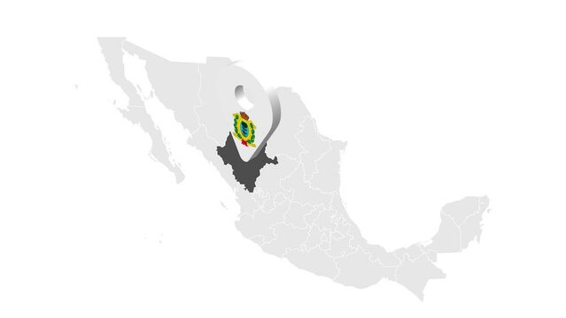 Location Durango on map Mexico. 3d State of Durango flag map marker location pin. Map of  Mexico showing different parts. Animated map States of Mexico. 4K.  Video