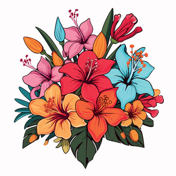 tropical flowers bouquets flat vector illustration. tropical flowers bouquets hand drawing isolated vector illustration