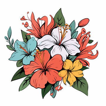 tropical flowers bouquets flat vector illustration. tropical flowers bouquets hand drawing isolated vector illustration
