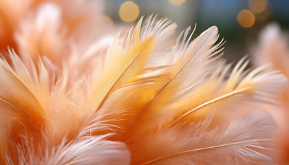 Peach Fuzz color feathers, background with selective focus and copy space