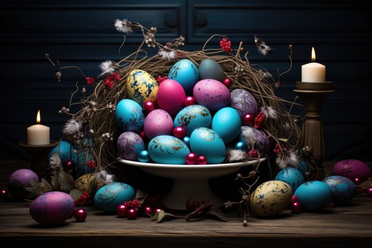 a wooden table adorned with easter eggs