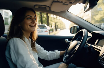 a young woman showing her keys while driving a car