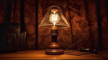 Vintage lamp on a wooden table in a dark room with vintage curtains on the window