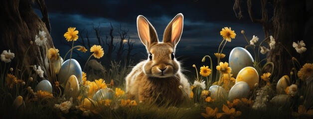 an easter bunny sits on the grass in front of eggs