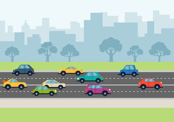 Cars on city road. Urban infrastructure and transport traffic. Automobiles riding in megalopolis with skyscrapers. Landscape city modern with building, road, trees and cars. Vector illustration