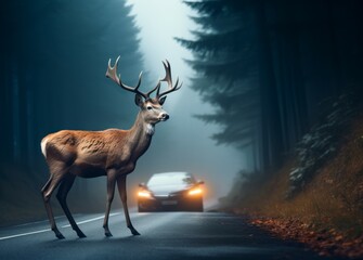 Deer on the road or highway. Background with selective focus and copy space