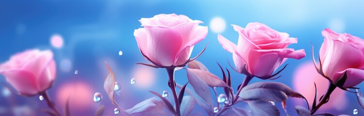 close up pink roses on a blue background,