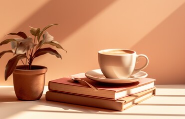 coffee cup and saucer on a table is paired with books