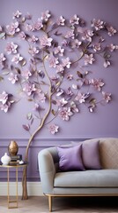 Immerse in nature's beauty with a 3D wallpaper featuring a vibrant floral tree. Lavender flower leaves and a gleaming silver stem add a touch of elegance.